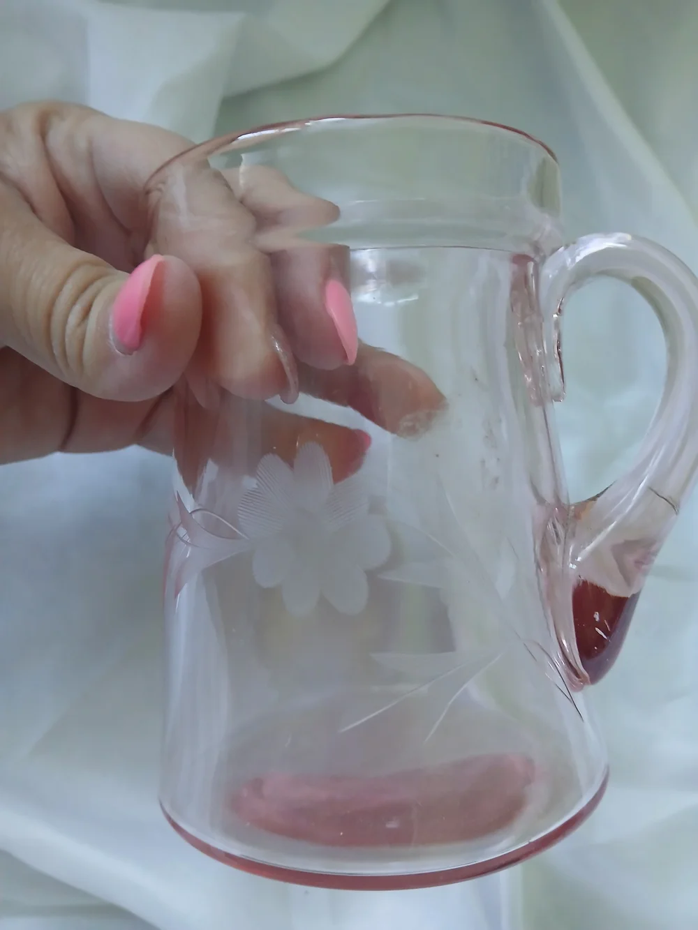Pink Floral Etched Glass  w/ Handle, 8 oz, 5 in Tall Decorative